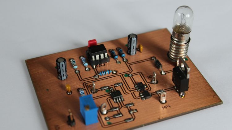 Circuit board with various switching elements and a light bulb