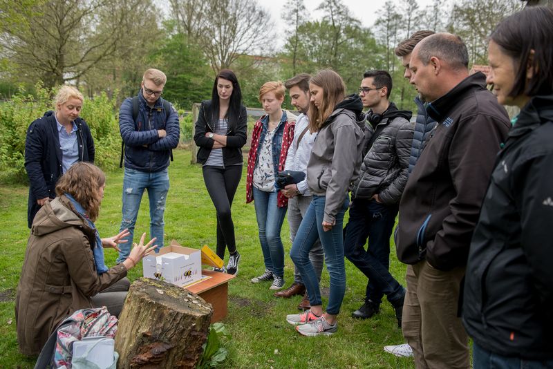 Etwa zehn Personen stehen auf einer Wiese. Im Hintergrund sind Bäume zu sehen. Vor der Gruppe kniet eine junge Frau vor dem Holzkasten mit dem enthaltenen Hummelnest und erklärt gestikulierend die Funktion. 