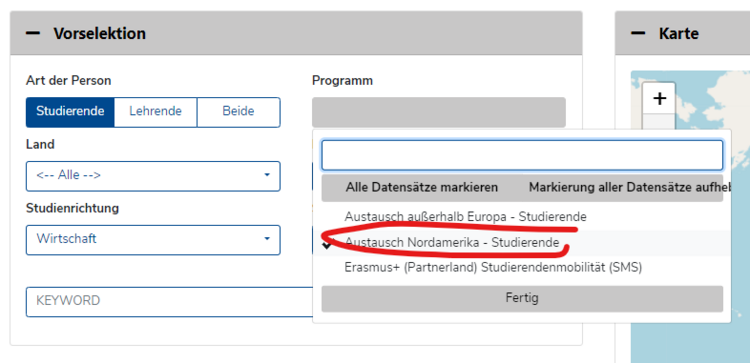 Mobility online Anleitung: Programm Screenshot der Datenbank "Mobility Online" mit einer Suchmaske für Austauschprogramme. Die Suchmaske bietet verschiedene Filteroptionen, wie Art der Person, Land und Studienrichtung. Die Optionen "Austausch Nordamerika - Studierende" und "Austausch außerhalb Europa - Studierende" sind rot umkreist, was darauf hindeutet, dass diese Programme im Fokus der aktuellen Suche oder Auswahl stehen.