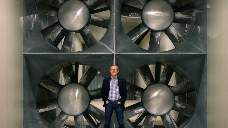 View of the rotors with Peinke in front of it, he is about the same size as one of the rotors.