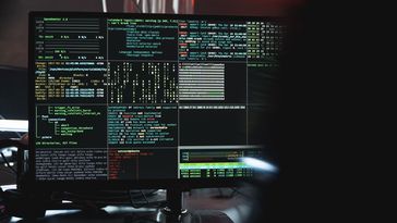Ein dunkler Bildschirm, aufgeteilt in mehrere Felder mit unverständlichen Informationen. 