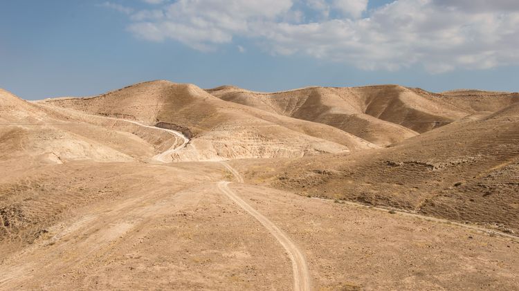 A beaten track in a desert between dunes.