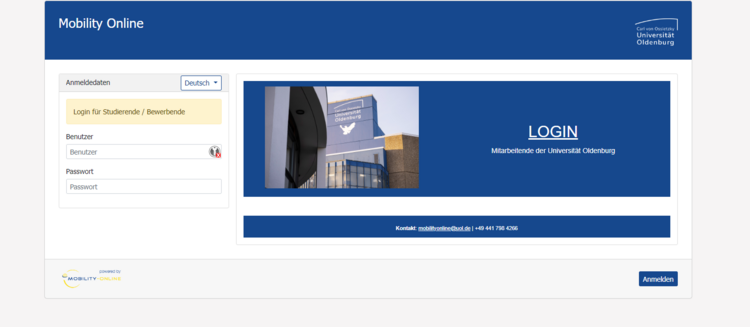 Login Mobility Online Screenshot der Anmeldeseite von "Mobility Online" der Carl von Ossietzky Universität Oldenburg. Die Seite bietet separate Login-Bereiche für Studierende/Bewerbende und Mitarbeitende der Universität. Im Hintergrund ist ein Bild des Universitätsgebäudes zu sehen.