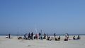 Many people perform measurements on a sandy beach.