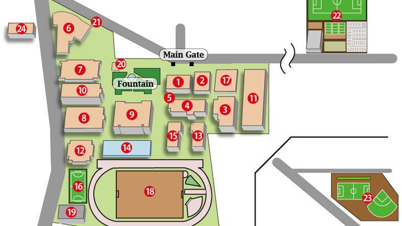 Das Bild zeigt einen vereinfachten, farbigen Grundriss des Campus der Sendai University. Verschiedene Gebäude sind durch rechteckige Formen dargestellt und mit Nummern von 1 bis 24 gekennzeichnet. Ein Haupttor, ein Brunnen und ein Sportfeld sind ebenfalls eingezeichnet, wobei Wege und Grünflächen den Campus verbinden.