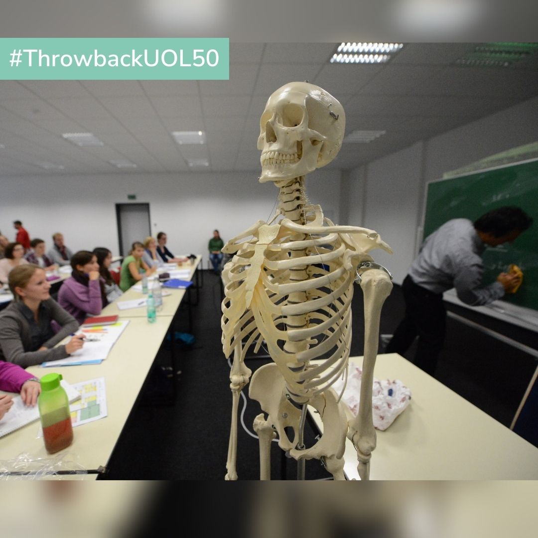 Das Bild zeigt einen Seminarraum, in dem Studierende sitzen. Im Vordergrund steht ein nachgebildetes Skelett eines menschlichen Körpers.