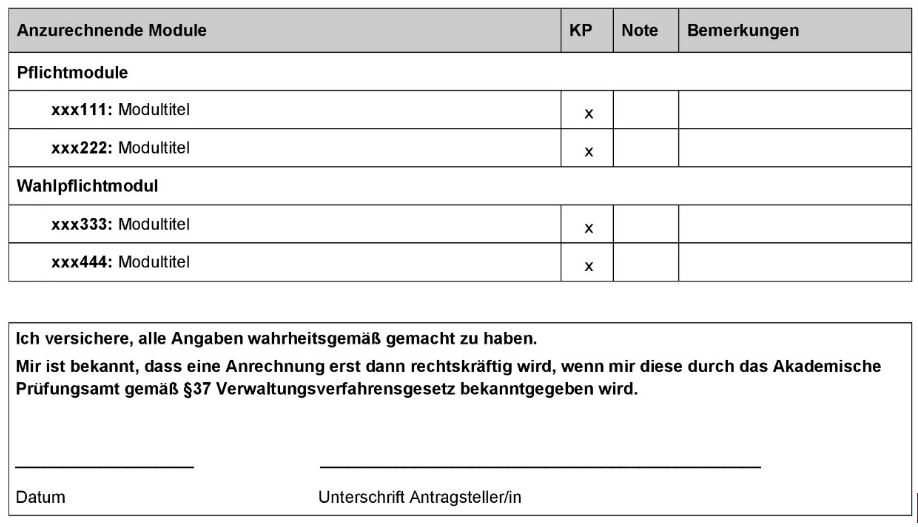 Die Grafik zeigt den Aufbau des Anrechnungsantrags, der aus einer Tabelle mit fÃÂünf Spalten besteht. Ein Pop-Over-Fenster ÃÂüber der ersten Spalte erinnert an das Ankreuzen der Module, fÃÂür die eine Anrechnung beantragt wird. Ein Pop-Over-Fenster ÃÂüber den beiden rechten Spalte mit den ÃÂÃÂberschriften âÃÂÃÂNoteâÃÂàund âÃÂÃÂBemerkungenâÃÂàweist darauf hin, dass diese Spalten nicht von den Studierenden, sondern gegebenenfalls von den Fachvertret*innen ausgefÃÂüllt werden. Ein Pop-Over-Fenster ganz am Ende des Antrags erinnert an Datum und Unterschrift.