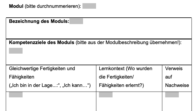 Die Grafik zeigt den Aufbau der Anrechnungssynopse, die aus einer Tabelle besteht, und erlÃÂäutert die sechs auszufÃÂüllenden Bereiche: Erstens: ÃÂÃÂber der Tabelle ist fÃÂür jedes der von Ihnen beantragten Module eine fortlaufende Nummer (1, 2, 3) einzutragen. Zweitens: In der obersten Zeile ist die Bezeichnung des Moduls anzugeben. Beispiel fÃÂür die Kombination aus ModulkÃÂürzel und -namen aus der PÃÂädagogik: pÃÂäd904 Erziehungs- und bildungswissenschaftliche Forschungsmethoden. Drittens: In der zweiten Zeile sind die Kompetenzziele des Moduls einzutragen. Sie finden sie im Modulverzeichnis. Das unter der Grafik verlinkte Video zeigt, wo genau Sie die Kompetenzziele finden. Bitte ÃÂübernehmen Sie die Kompetenzziele wortwÃÂörtlich (Copy & Paste). Viertens: Ab dieser Zeile teilt sich die Tabelle in drei Spalten. In der ersten Spalte sollten Sie sich inhaltlich auf die Kompetenzziele des Moduls beziehen und in eigenen Worten beschreiben, was Sie kÃÂönnen (z.B. Ich kann zu fÃÂällende BÃÂäume identifizieren). ÃÂÃÂbernehmen Sie keinesfalls wortwÃÂörtlich die Kompetenzziele. FÃÂünftens: In der zweiten Spalte geben Sie an, in welchem Kontext Sie die Kompetenzen erworben haben (z.B. Beruf, Ausbildung, ehrenamtliche TÃÂätigkeit). Sechstens: In der rechten Spalte sind die Nachweise mit korrekter Nummer anzugeben (z.B. A1 oder Z2). Beachten Sie dazu die im folgenden To-Do-Punkt Nachweise angegebenen Hinweise