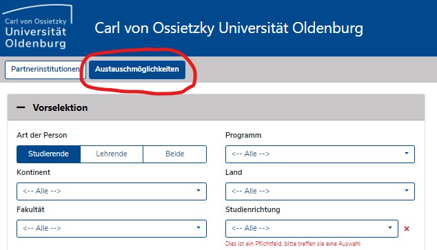 Filter der Austauschmöglichkeiten unter Mobility online