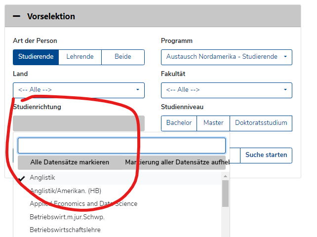 Mobility online Anleitung: Studienrichtung Screenshot der Datenbank "Mobility Online" mit einer Suchmaske für Austauschprogramme. Die Suchmaske bietet verschiedene Filteroptionen, wie Art der Person, Programm, Land, Fakultät, Studienrichtung und Studienniveau. Der Bereich "Studienrichtung" und die darunterliegenden Checkboxen sind rot umkreist, was darauf hindeutet, dass diese Elemente im Fokus der aktuellen Suche oder Auswahl stehen.