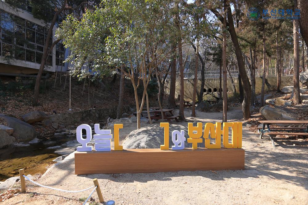 Busan Campus Fotolocation Eine Grünanlage auf dem Campus mit einem Schriftzug in koreanischen Buchstaben im Vordergrund.