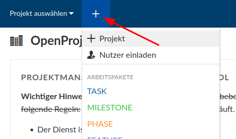 Sie können ein Projekt erstellen, wenn ein Plus-Symbol in der linken oberen Ecke sichtbar ist
