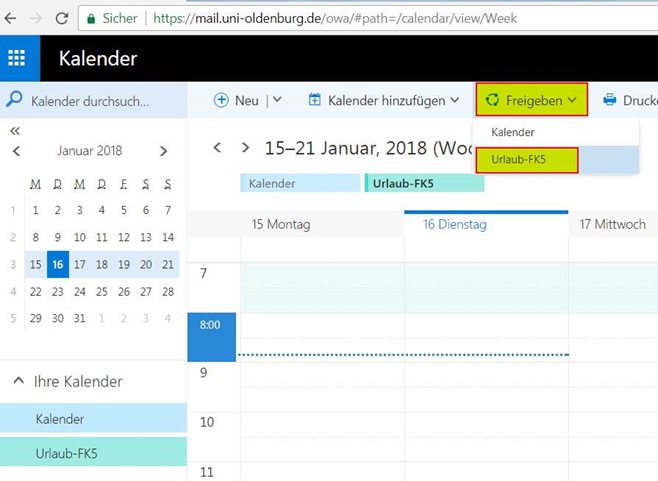 Abteilungskalender freigeben