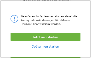Es folgt der Hinweis auf einen erforderlichen Neustart des Rechners vor einer Verwendbarkeit. Über den Button 'Jetzt neu starten' wird ein unmittelbarer Neustart angestoßen, alter nativ erlaubt 'Später neu starten' ein Verlassen der Installation ohne einen Neustart.