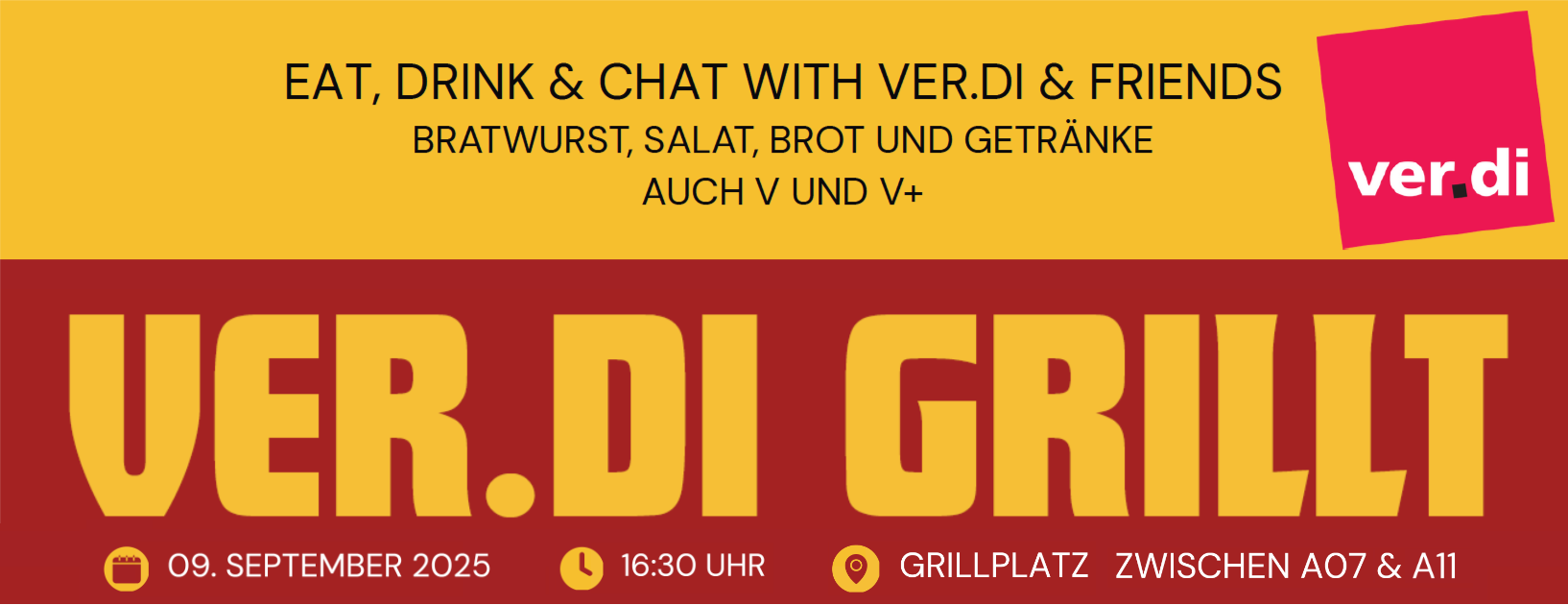 Webseiten-Header mit der Aufschrift: Eat, Dring & Chat with Verdi and Friends. Bratwurst, Salat, Brot und Getränke. Auch V und V+.  Verdi Grillt.